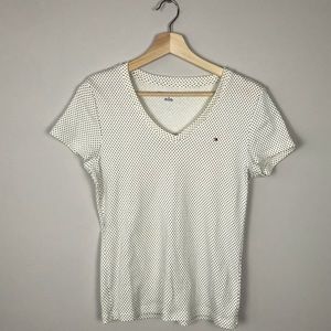TOMMY HILFIGER White and Black Polka Dot Vneck Tee